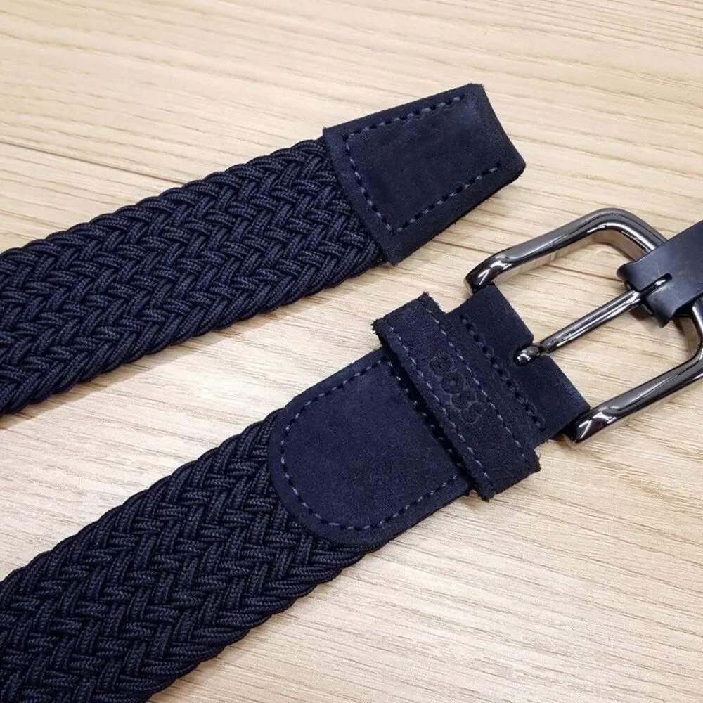 HUGO BOSS Belt Mens Size 40 Navy Blue Braided Woven Silver Buckle SASH